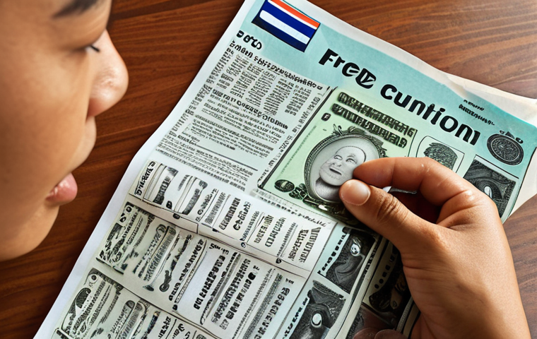 **"Free product offer with hidden terms and conditions. Focus on fine print and deceptive advertising. Thai baht currency symbol in the background. Concerned Thai consumer."** (This image aims to visualize the "free...but with conditions" scam, emphasizing the importance of reading the fine print.)