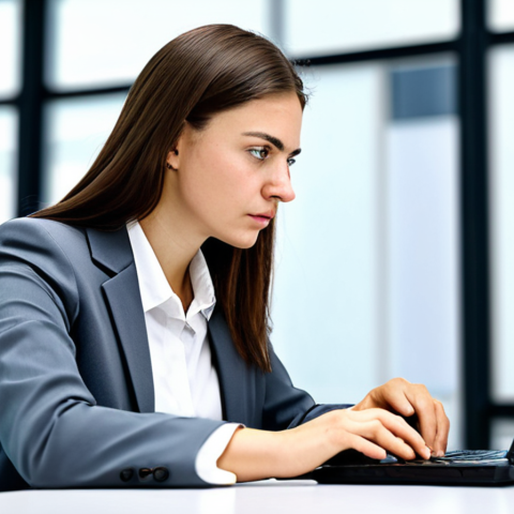 A focused business professional, fully clothed in a modest blazer and blouse, looking intently at a laptop screen. Her natural pose and well-formed hands are resting on the keyboard. The screen subtly displays a complex digital interface with abstract elements suggesting hidden costs or confusing options, creating a sense of careful scrutiny without frustration. The background is a clean, well-lit modern office environment. Professional photography, high resolution, soft lighting. safe for work, appropriate content, professional, perfect anatomy, correct proportions, natural body proportions.