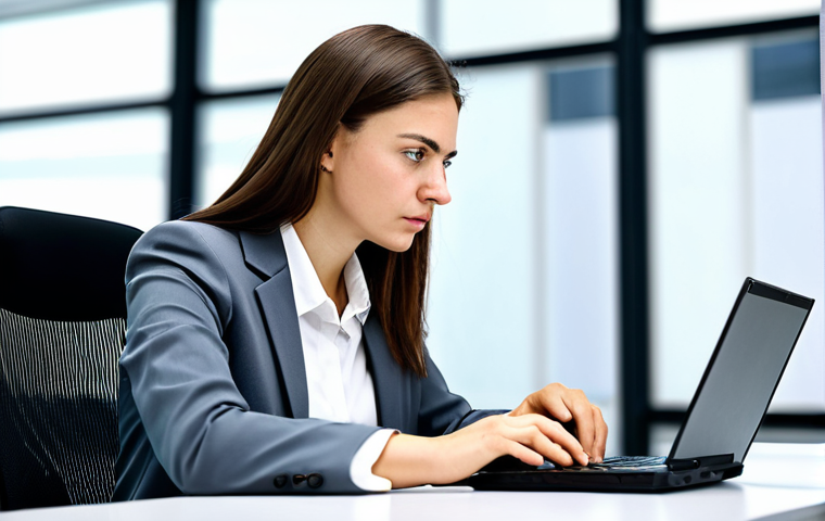 A focused business professional, fully clothed in a modest blazer and blouse, looking intently at a laptop screen. Her natural pose and well-formed hands are resting on the keyboard. The screen subtly displays a complex digital interface with abstract elements suggesting hidden costs or confusing options, creating a sense of careful scrutiny without frustration. The background is a clean, well-lit modern office environment. Professional photography, high resolution, soft lighting. safe for work, appropriate content, professional, perfect anatomy, correct proportions, natural body proportions.