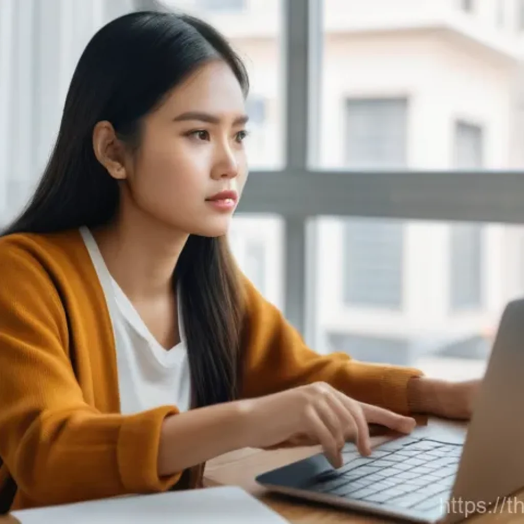 다크패턴과 소비자 보호법 - **Prompt:** A young Thai woman, fully clothed in comfortable casual wear, sits at a clean, modern de...