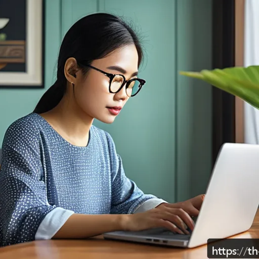 다크패턴의 사회적 논란 - A detailed digital illustration of a young Thai adult woman sitting at a modern desk in a cozy home ...