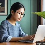 Home 19 다크패턴의 사회적 논란 - A detailed digital illustration of a young Thai adult woman sitting at a modern desk in a cozy home ...