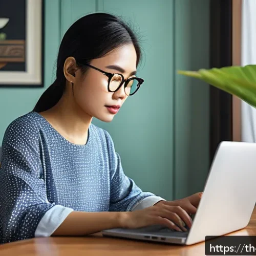 Home 31 다크패턴의 사회적 논란 - A detailed digital illustration of a young Thai adult woman sitting at a modern desk in a cozy home ...